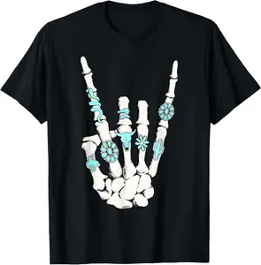 100%cotton Skeleton with Turquoise Hand Western Skeleton Rings Lover T-Shirt