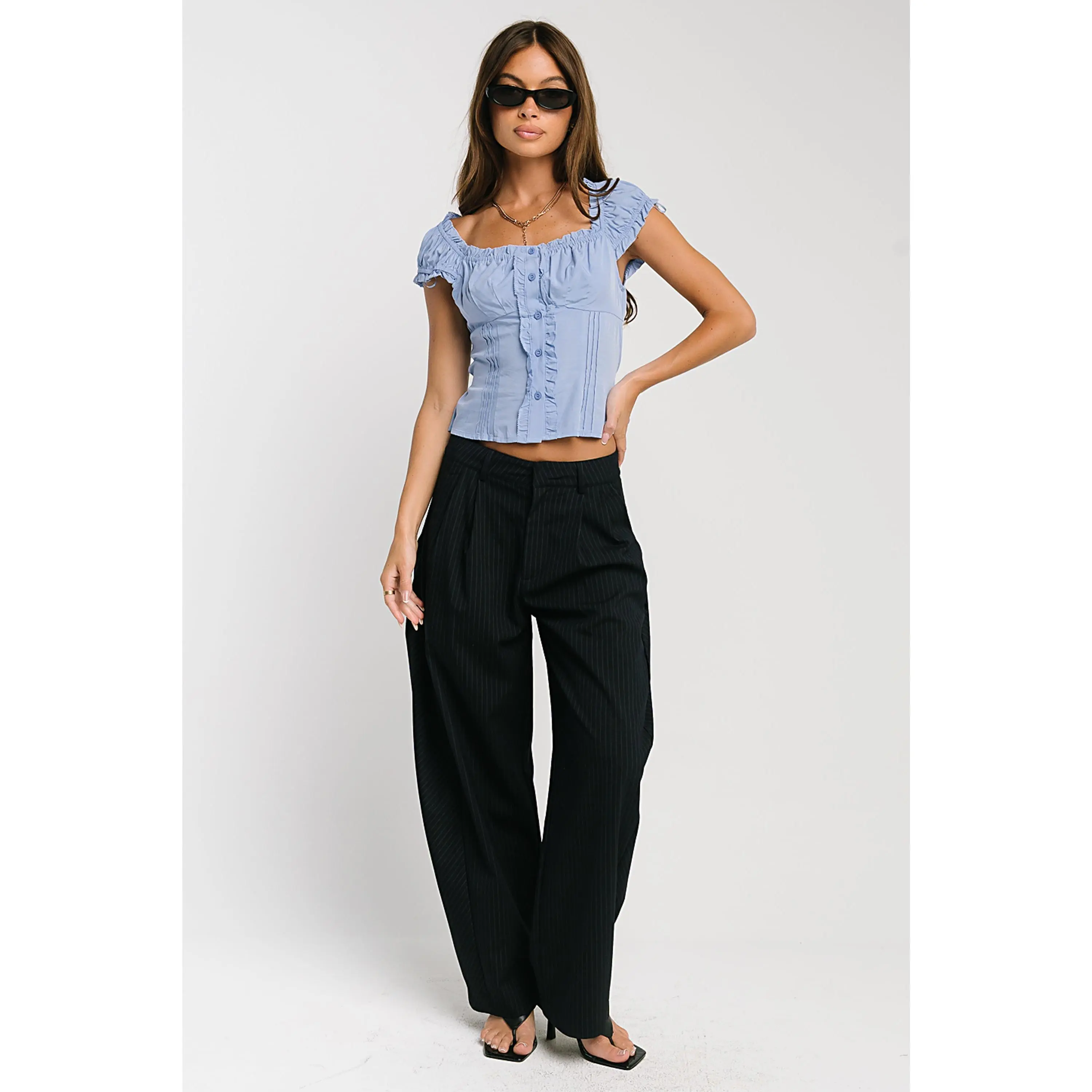Women's Alexa Pinstripe Barrel Pants, Polyester-Spandex Blend, Printed Women's Bottoms