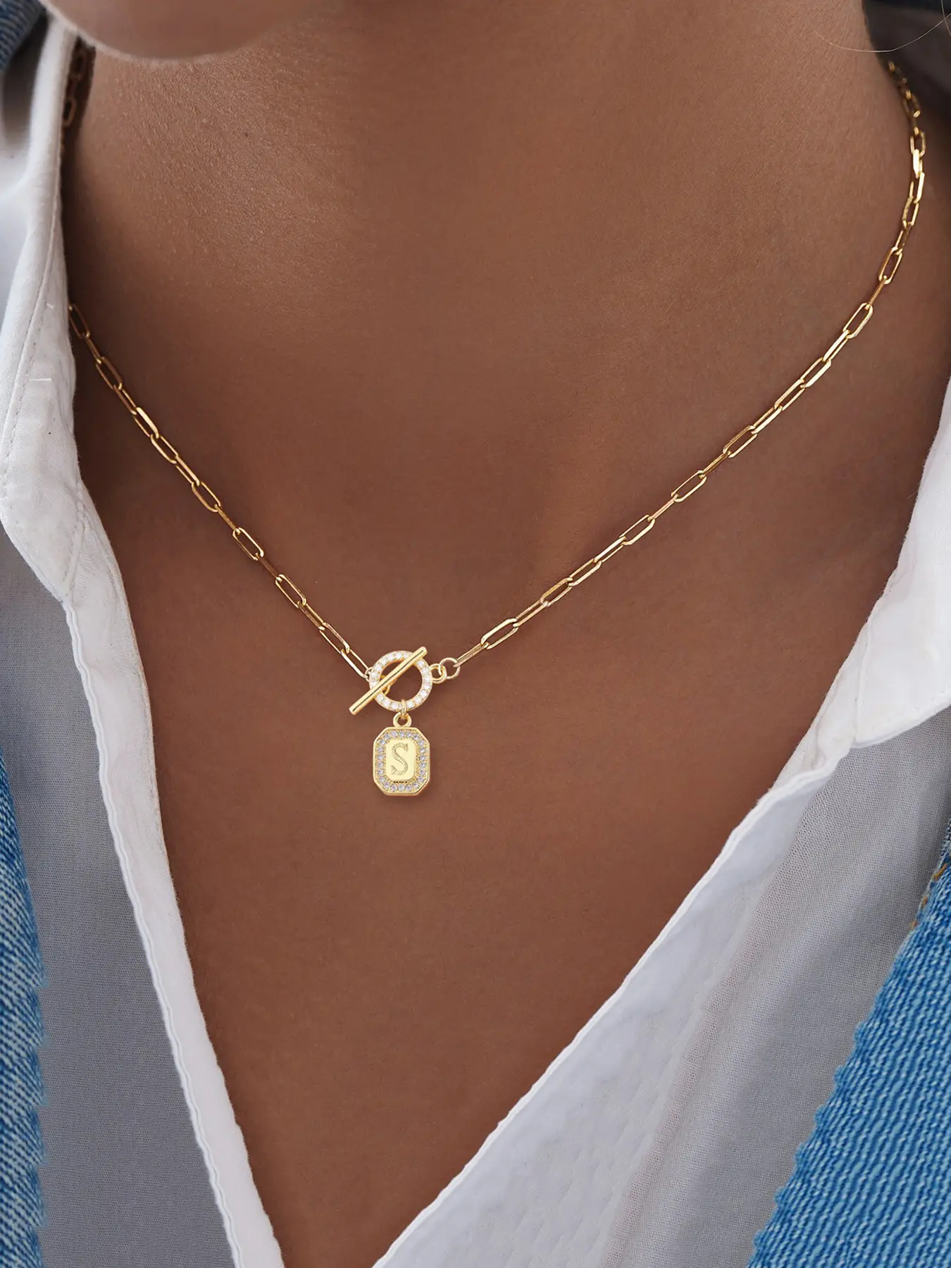 Women's Stainless Steel Paperclip Chain Necklace, Toggle Clasp with Cubic Zirconia Block Initial Pendant, Casual Fashion Jewelry, Bling Stylish Accessory for All Seasons, Casual Style Necklaces