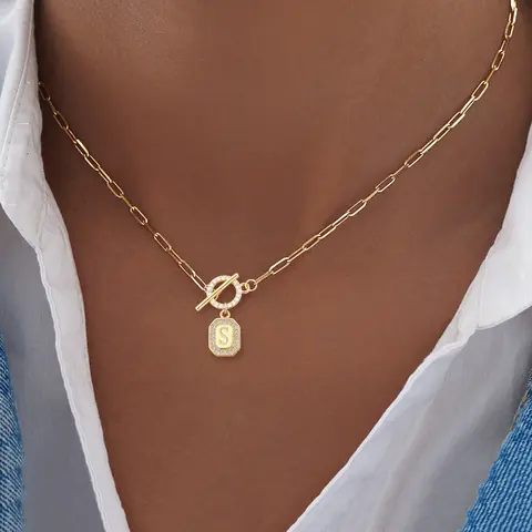 Women's Zirconia Block Letter Pendant Necklace, Ot Clasp Stainless Steel  Paper Clip Chain, Casual Fashion Jewelry Initial Letter Necklace for All Seasons