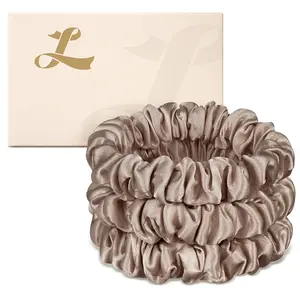 Small Silk Hair Ties No ,  Real Mulberry Silk, Skinny Scrunchies Ponytail Holders for Thin Fine Hair, Brown, Pack of 3