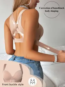 Women's Front Buckle Lift Support Yoga Gym Sports Bra, Medium Support Fitted Design, Plain Pattern, 3/4 Coverage, All Seasons Wear