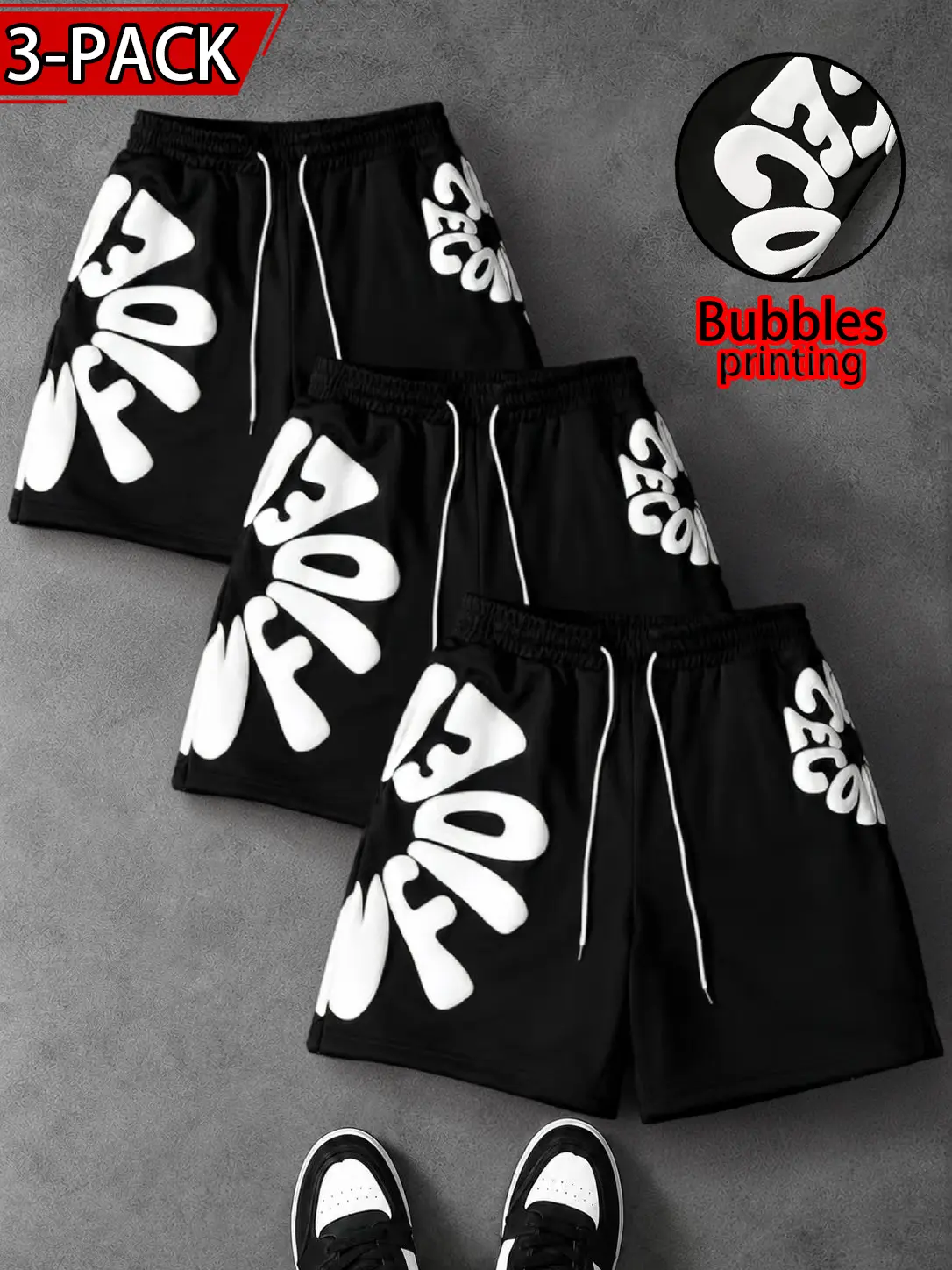 Available in packs of 1/2/3; unisex Y2K street shorts with large prints; bubble letter athletic shorts; drawstring elastic waistband shorts; breathable athletic shorts; summer hip-hop shorts with large lettering; fitness shorts; black and white shorts; su