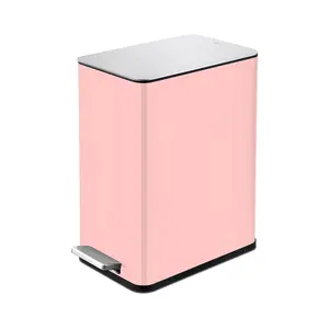 QUALIAZERO 2.6 GAL/10L, Slim Shape, Stainless Steel Step-ON CAN, with Soft Close LID (Strawberry Cream)