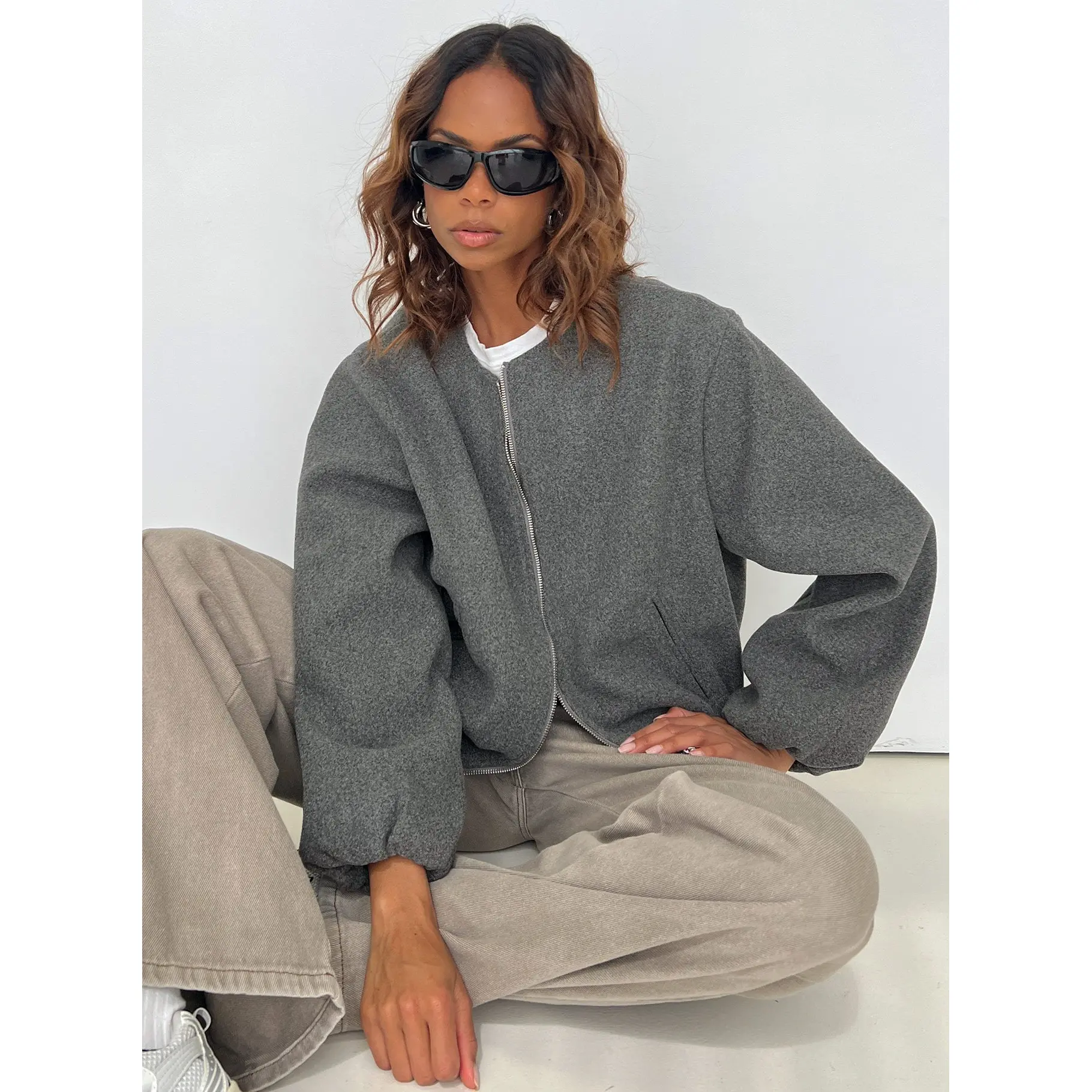 Karletta Cropped Bomber Jacket Grey Karletta Cropped Bomber Jacket Grey