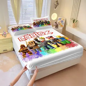 Roblox Multi-Style Printed Fitted Sheet Set, Includes 1 Fitted Sheet & 2 Pillowcases without Filler, Suitable for Roblox players, Multiple styles available, A stylish addition to your bedroom decor, Bedding Supplies