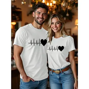 Only one Casual Comfortable Couple's Matching Heartbeat Graphic T-Shirts | Short Sleeve Tees with Ribbed Collar, Perfect for Spring and Summer Outfits, Casual Wear, Matching Tees, Ladies T