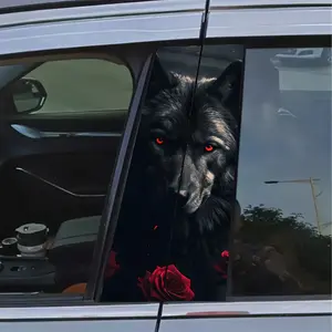 Edgy Tough Guy B Pillar Decal - Black Wolf Rose Red Eyes 3D Realistic Universal Window Pillar Modification Sticker