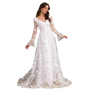 Long Sleeve V-Neck Lace Wedding Dress for Women – Fall/Winter New Style, Full A-Line Train Bridal Gown, Elegant Ceremony Dress