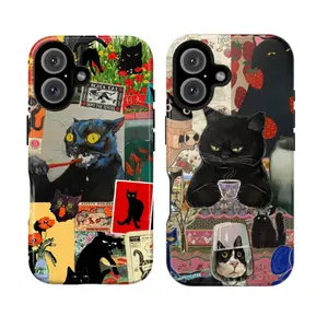 Vintage Black Cat Phone Case, Whimsical Cat Cute Design, Gothic Cat Lover Gift, Witchy Cat with Coffee & Strawberry Artwork, Kawaii Kitty Cartoon Collage, Indie Grunge Spooky Vibes, Magical Halloween Cat Charm, Fits iPhone & Samsung Galaxy Models