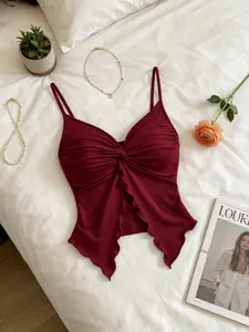 Women's Solid Color Twist Front Cami Top, Casual Adjustable Strap V Neck Fit Top for Summer, Women's Clothing for Daily Wear, Ruffle, Feminine, Womenswear
