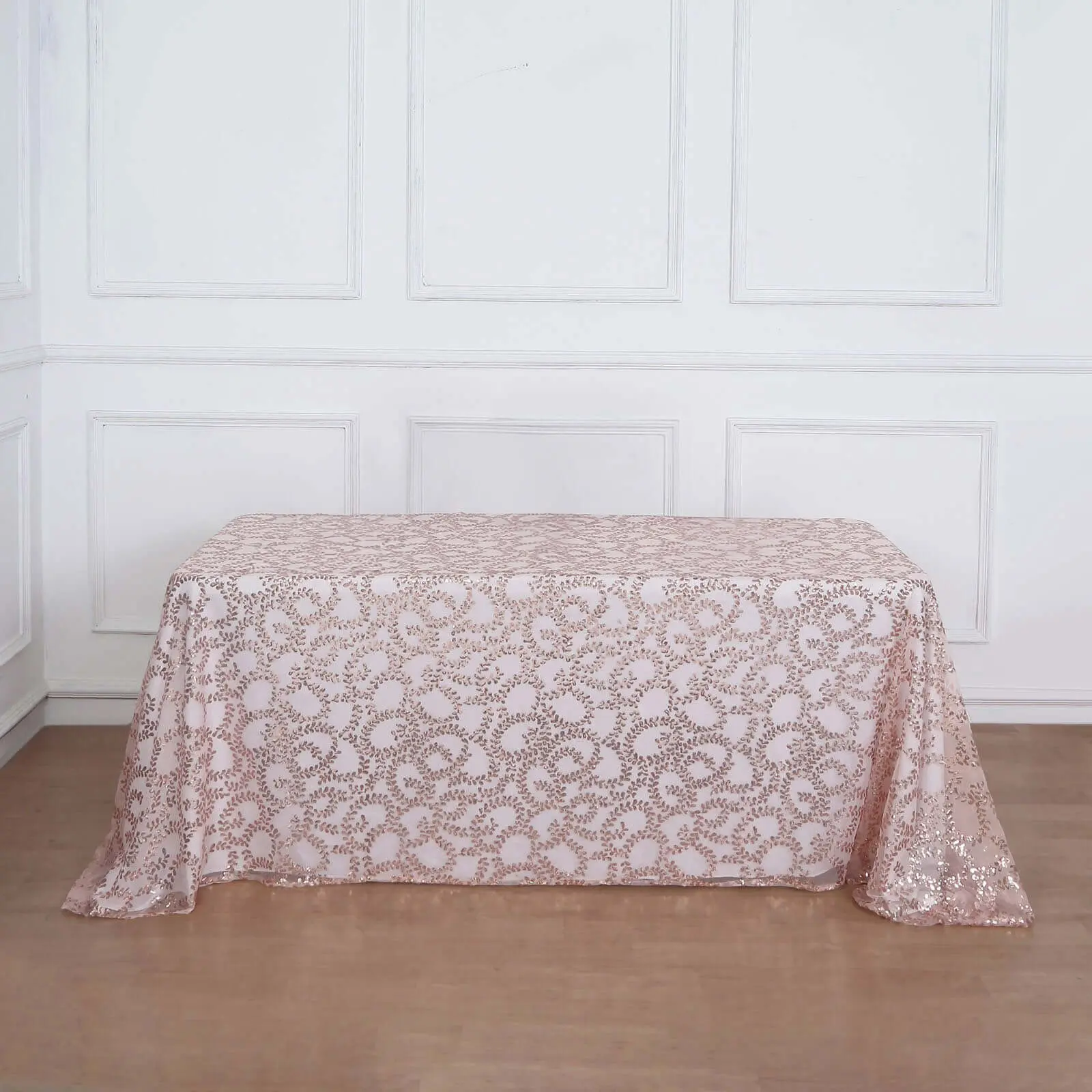 Rose Gold Tulle Rectangle Tablecloth, 90"x156" with Embroidered Sequin Leaf Design, Hand Wash/Spot Clean Household Table Cover for Wedding, Anniversary, Any Themed Events