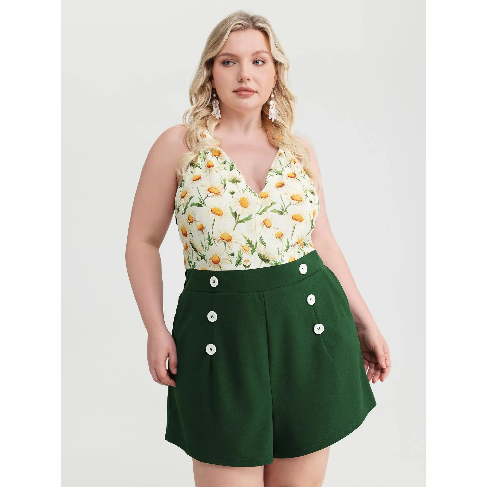 BloomChic Plus Size Ditsy Flowers Rompers for Women, Stylish Overalls with Front Button Detail and Pockets, Fabric, Stylish Women's Wear, Halter Neck, Plus Size Overalls, Colorblock, Smooth, Spandex, Garment, Sleeve, Fit