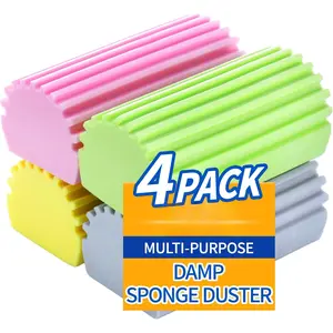 Damp Clean Duster Sponge,4pack Magic Sponge Eraser, Damp Dusting Sponge Household Cleaning for Blinds, Glass, Baseboards,Radiators,Window Track Grooves(Multi Color)