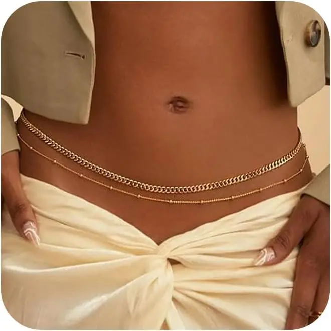 Dainty Silver/14K Gold Plated Body Chains for Women,Layered Pearl Satellite Beads Waist Chain Adjustable Sexy Bikini Belly Chain Summer Fashion Jewelry For Women