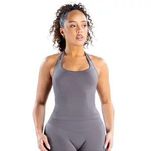 with logo | dfyne Women Seamless Yoga Set Pink Halter Sports Bra and High Waist Leggings Workout Gym Outfit