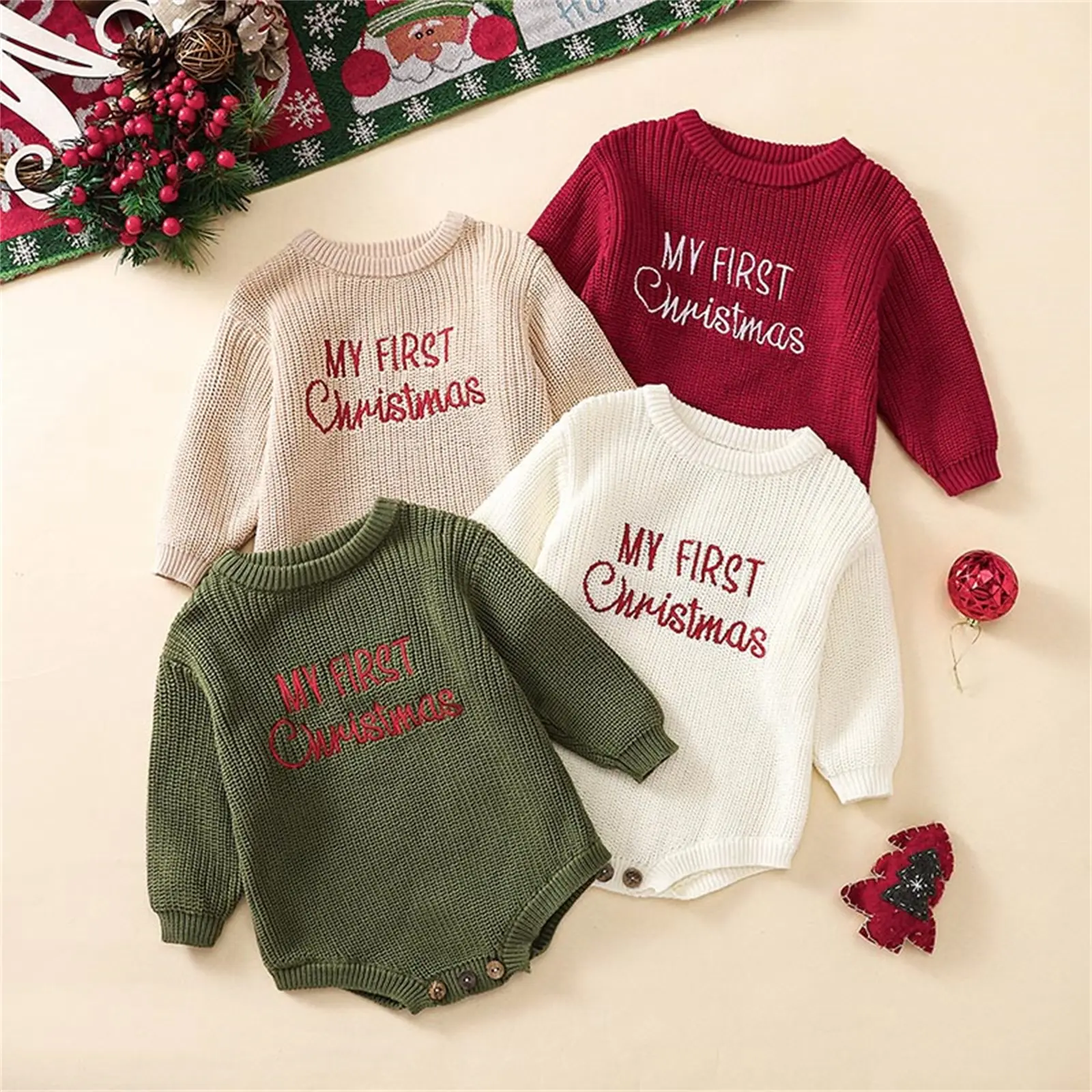 Newborn Infant Baby Boy Girl My First Christmas Sweater Romper Embroidery Long Sleeve Knit Bubble Jumpsuit Fall Winter 0-18M