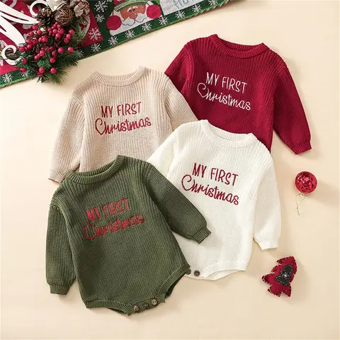 REDWOON My First Christmas Baby Outfit Girl Boy Christmas Sweater Bubble Romper Long Sleeve Jumpsuit Fall Winter Outfit