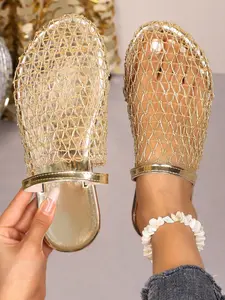 Women's mesh sandals, gold open-toe flat mules, summer beach shoes, comfortable, stylish and casual sandals