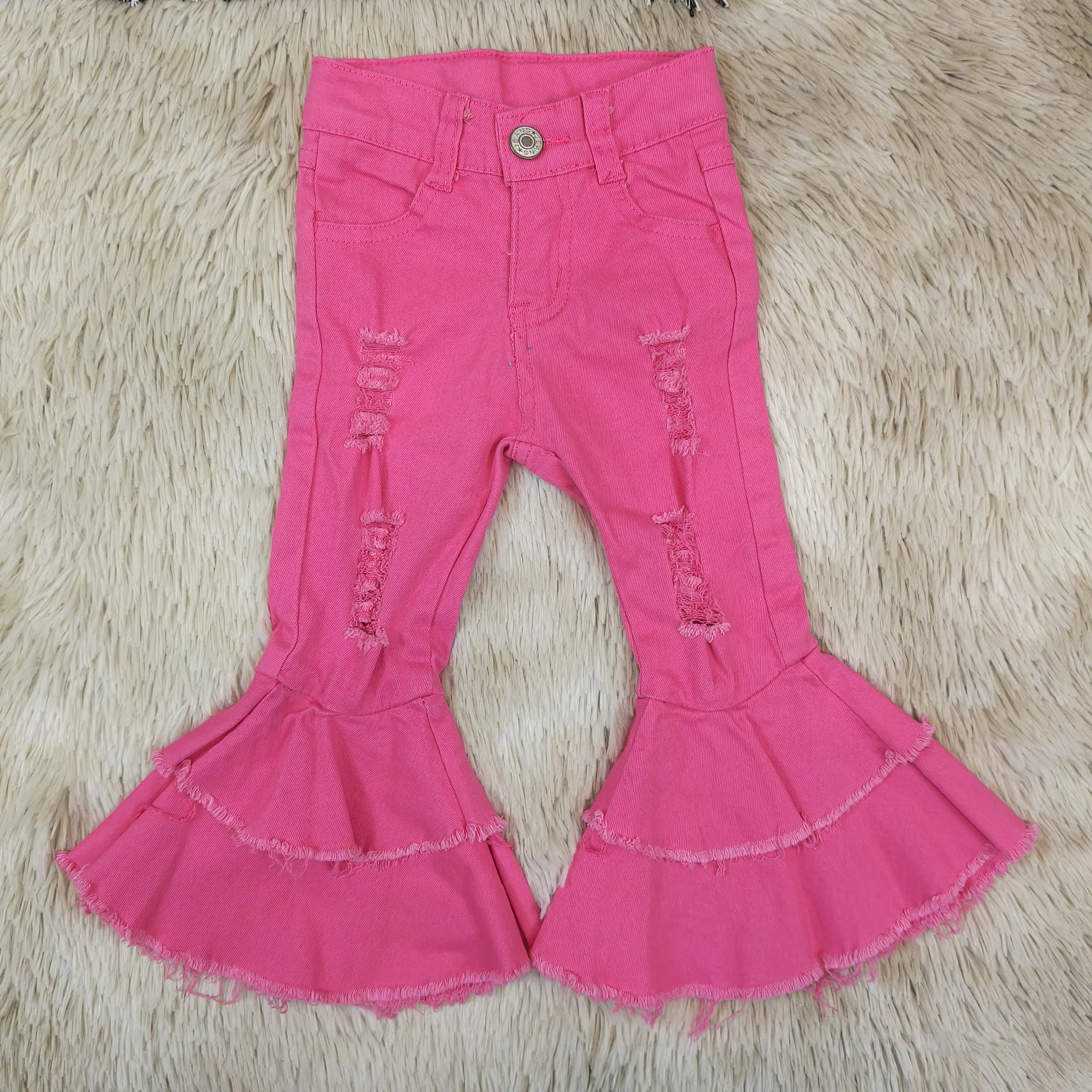 Girls' Solid Distressed Jeans, Comfortable Kids' Casual Pants in Classic Denim Fabric for Everyday Wear, Solid Color Pants, Casual Wear