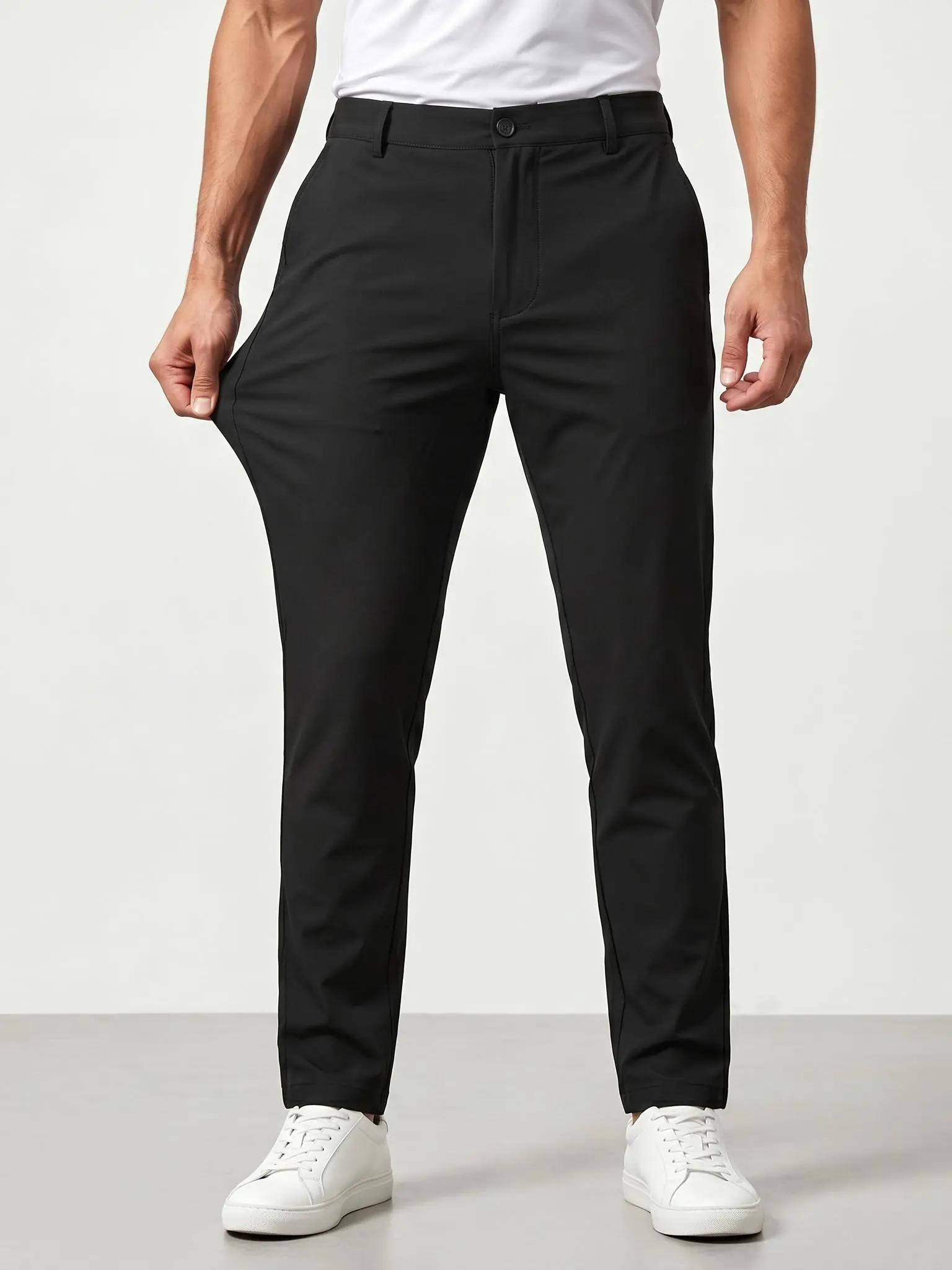 Men's Stretch Dress Pants Slim Fit Business Casual Work Pants Wrinkle-Resistant No-Iron Lightweight Fabric Formal Menswear Suit Athletic Belt Breathable Day Pockets Elastic Slacks Tapered Workwear Plain