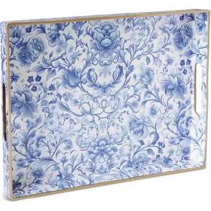 Serving Tray with Handles, Rectangular Plastic Tray 15.75x11.81 Inch, Blue and White Peony Chinese Porcelain Style Decorative Tray for Kitchen, Dining Table, , Office &