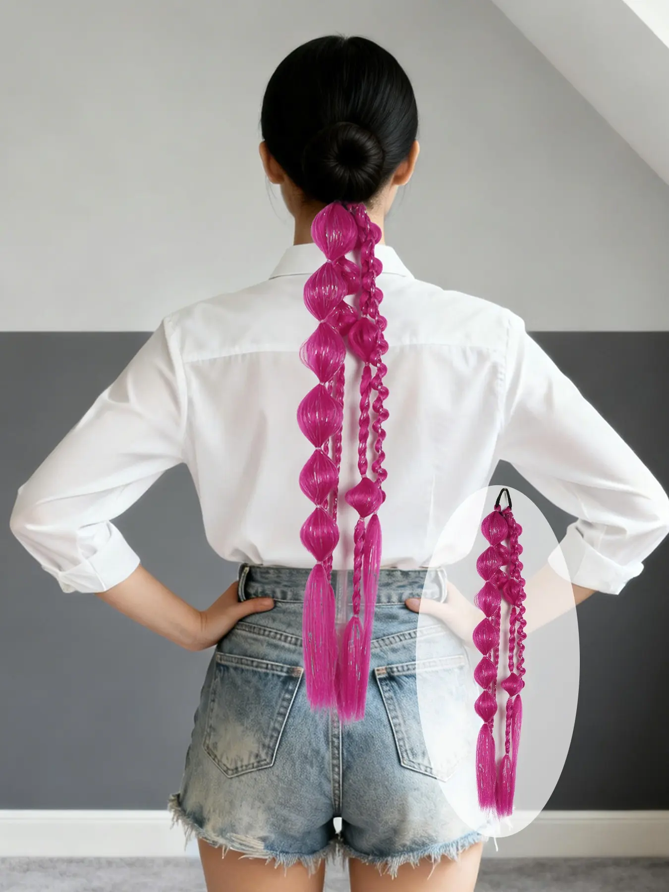 1pc Long Pink Blue Green Yellow MulticolorTinsel Hair Braided Ponytail＋Bubble Ponytail Extension for Women ,Y2k Hair Ponytail,22 Inch Wrap Around Ponytail Afro Puff Ponytail Style Hair Extensions ,Curly Braided Straight Textured Hairband Ponytails