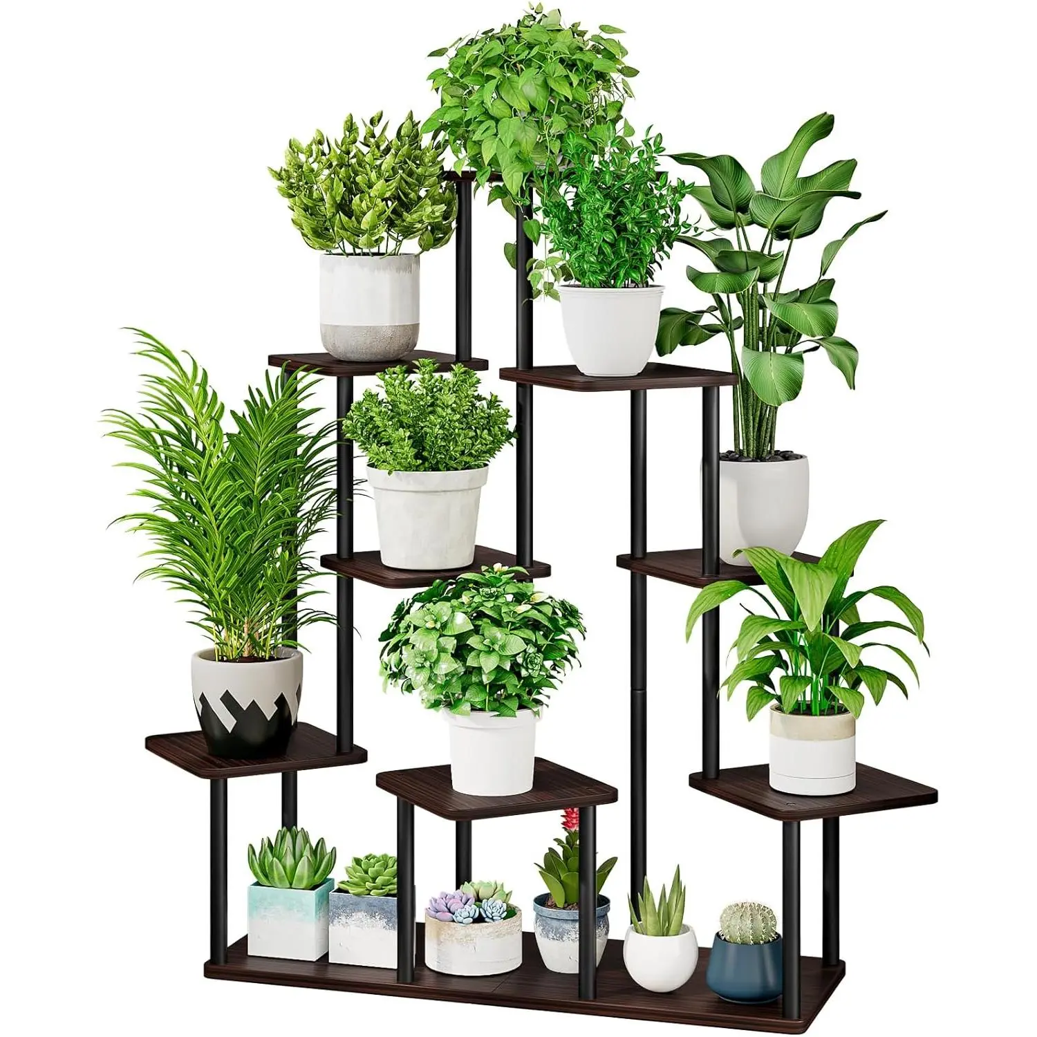 AZERPIAN 4-Tier Multi-Level Metal Plant Stand with Metal Frame, Black Oak Corner-Fit Tall Flower Shelf for Multiple Plants, Ideal for Living Room, Balcony, Four Tiers Planter Set