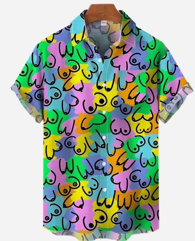 HOO Colorful Rainbow Background Graffiti Style Multicolor Boobs Printing Breast Pocket Short Sleeve Shirt