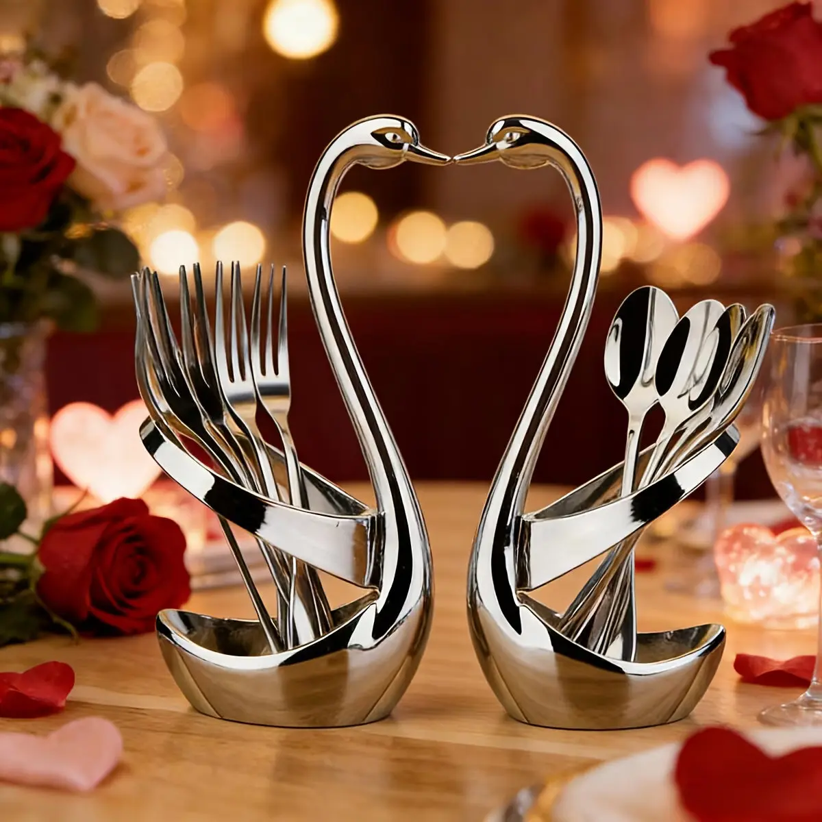 Stainless Steel Swan 2-Piece Cutlery Holder Set - Sleek Tableware Organizer, Mirror-Finish Design for Dining Tables, Everyday Forks/Spoons/Knives Storage, Viral Kitchen Hit, Giftable Kitchenware, Two