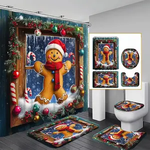 1/4pcs Christmas Gingerbread Man & Tree Shower Curtain Set, Bathroom Accessory, Includes Toilet Seat Cover, Mat, U-Shaped Pad, Perfect Bathroom Decor, 12 Hooks Included