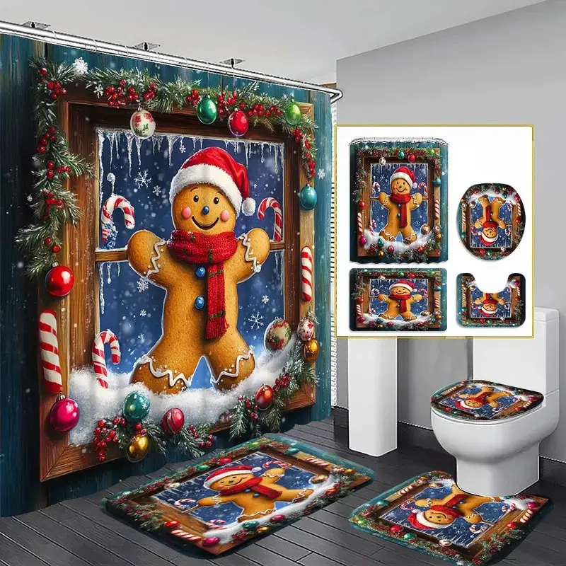 1/4pcs Christmas Gingerbread Man & Tree Shower Curtain Set, Bathroom Accessory, Includes Toilet Seat Cover, Mat, U-Shaped Pad, Perfect Bathroom Decor, 12 Hooks Included