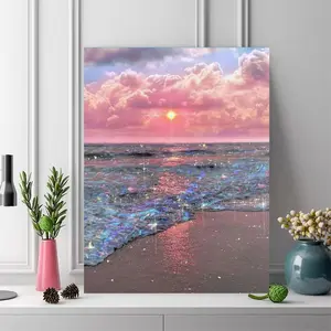 5D Diamond Art Painting Kit Crafts, Artwork Creation, Pink Landscape Sea Sunset, 5D Round Diamond Painting Full Artificial Rhinestone Mosaic Painting Kit, Painting Supplies For Beginners, DIY Diamond Painting Gemstone Art Home Wall Decor Gift
