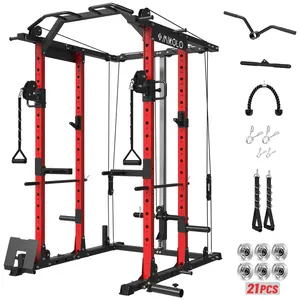 Power Cage 1500LBS Squat Rack with Cable Crossover LAT Pull Down Station Steel Home Gym Workouts Equipment Set 21-Piece Complete Accessories Included