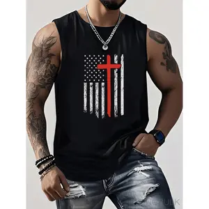 Men Black Distressed American Flag Muscle Tee with Red Cross Sleeveless Crew Neck Gym Shirt All Day Comfort Suitable for Fitness Casual Wear and Year Round Use Machine Washable Athletic Top for Training and Summer Outfits