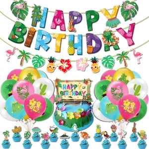 Hawaiian Party Flamingo Turtle-Back Leaf Birthday Balloon Banners and Cake Decorations (Large Banners + Small Banners + 24 Balloons + 16 Cake Picks + 2 Green Flat Ribbons)
