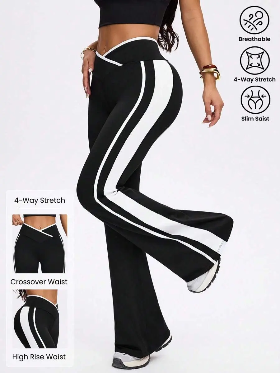Dewbera Dewbera Extra Long Flare Leg Sports Pants With Striped Contrast For Women Black And White Workout Pants Flare Workout Pants