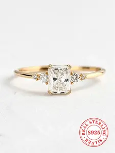 925 Sterling Silver Ring, Elegant Square Shaped Rhinestone Decorated Ring, Exquisite Trendy Ring, Fashion Jewelry Accessories for Women & Girls, Wedding Engagement Ring