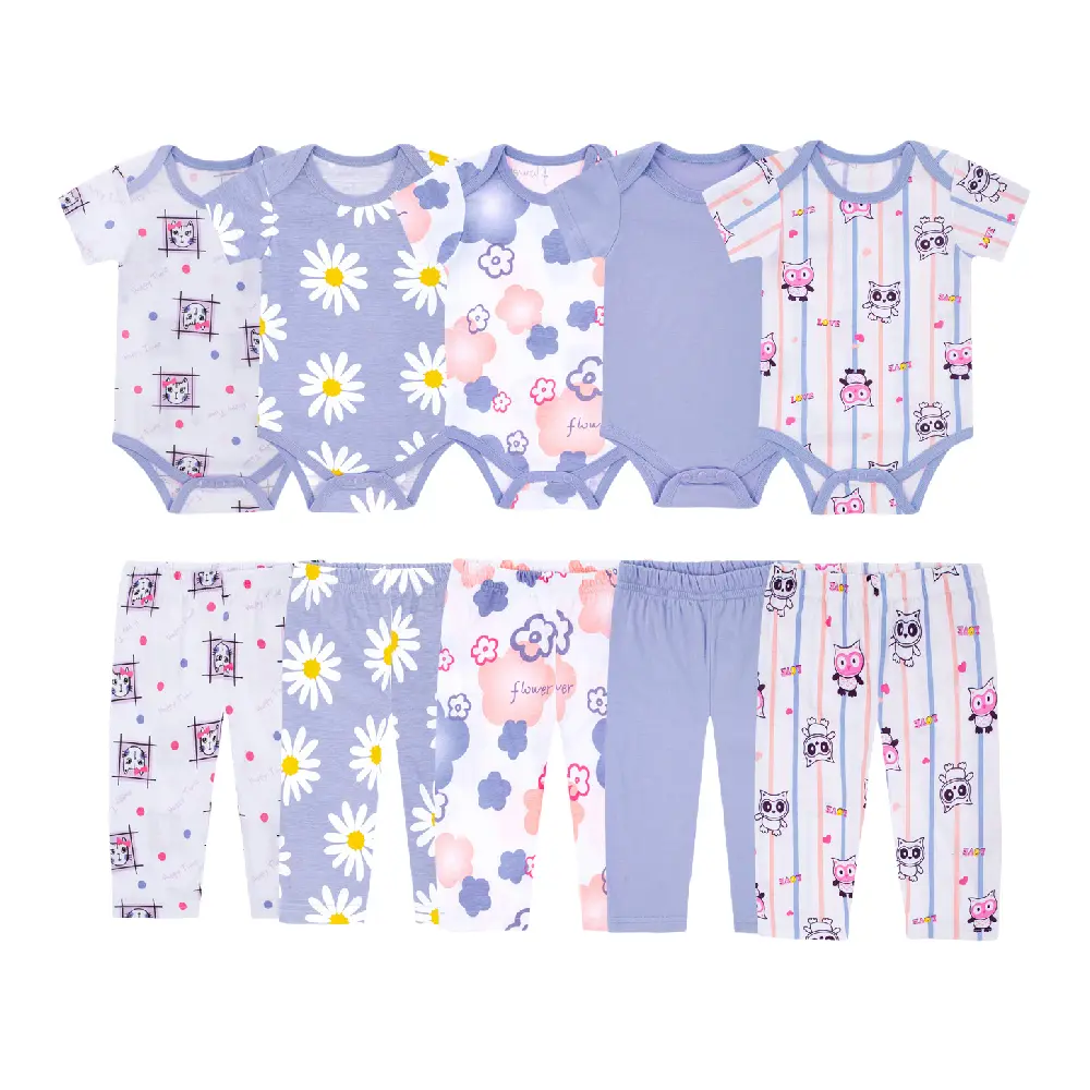 JY.COZY Unisex 10-Piece Organic Cotton Baby Clothes Gift Set - 5 Crew Neck Bodysuits, 5 Pants, Casual Newborn Baby Stuff, OEKO-TEX Certified, Breathable Stretchy All-Season Infant Sleepwear for Playdate, Button, Short Sleeve, Breathable Cotton Stays Airy,