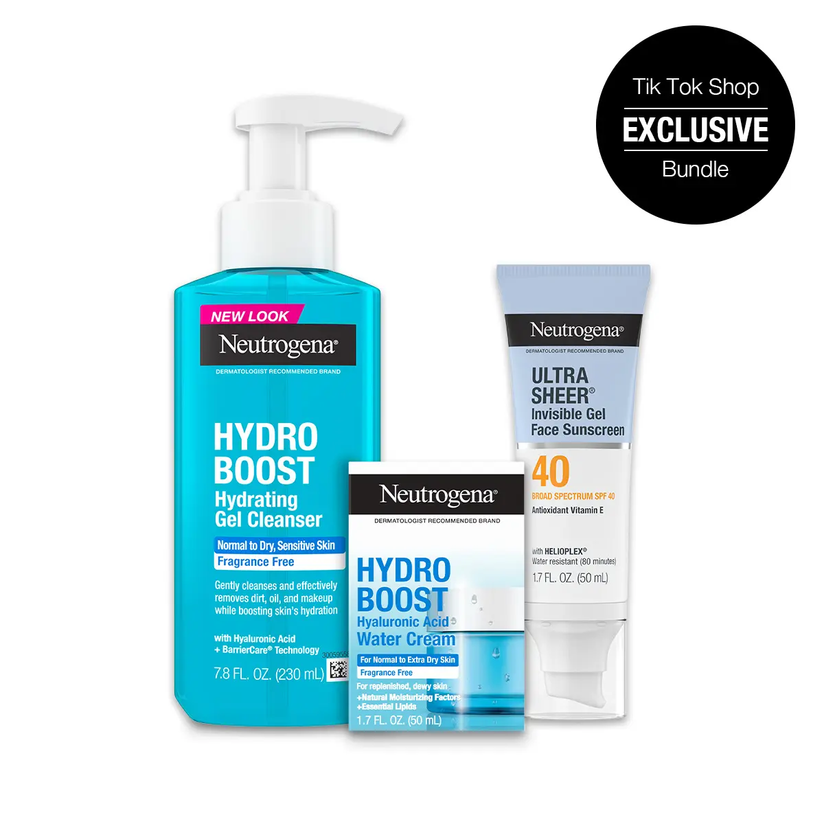 Neutrogena Hydro Boost Daily Routine Trio: Hydro Boost Water Cream, Hydrating Gel Cleanser, and Ultra Sheer Invisible Gel SPF 40 Face Sunscreen, 1.7 fl. oz