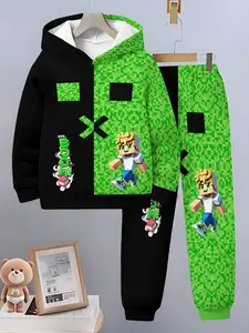Boys Spring & Fall Sports Set, Colorblock Minecraft Pixel Character Hoodie and Pants Two-Piece, Casual Fitted Kids Clothing