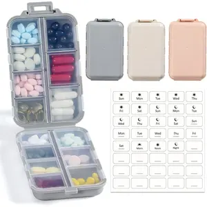 14 Grids Pill Organizer Box with Labels, Travel Medication Holder Dispenser Case Kit, Pocket Daily Pharmacy Container for Fish Oil Vitamin Supplement Storage, Khaki Pink Grey, 3 Pack