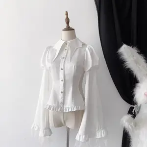 Victorian Vintage Lolita Style Women’s Casual Gothic Mesh Lantern Sleeve Slim Blouse Y2K Aesthetic Kawaii Tops Blusas Women’s Wear Polyester