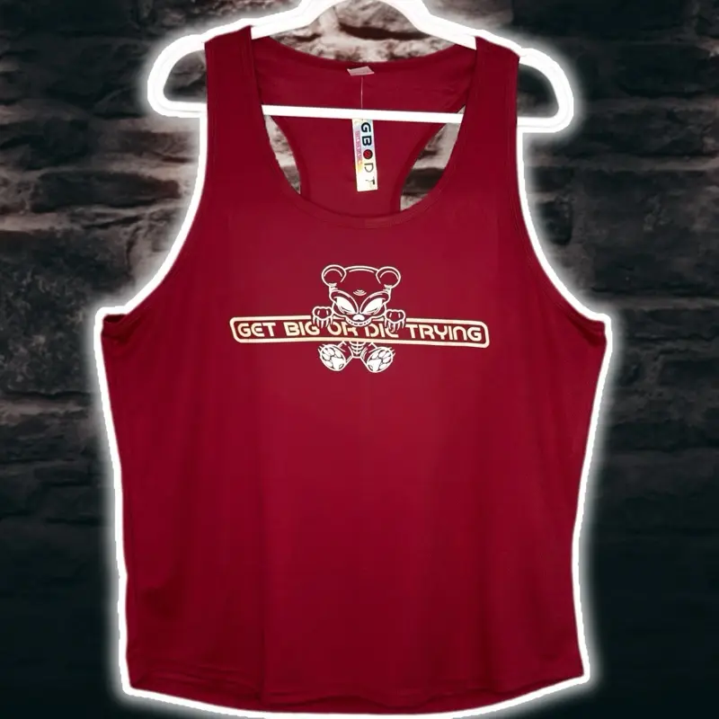 Maroon, Reflective "gamer" GBODT Workout Racerback Tank - Quick Dry, Sleeveless, Medium Stretch, Get Big Or Diet Trying Slogan, Cream Colored Font