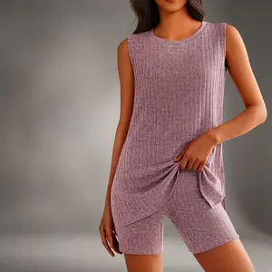 Women’s Striped Knitted Pajama Set – Sleeveless Tank & Cycling Shorts 2-Piece Loungewear, Summer Sleepwear S-XXL