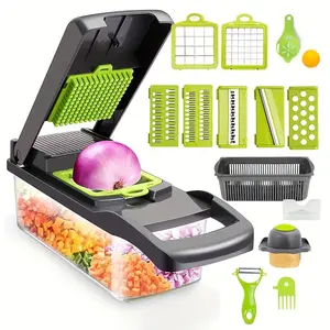 Multifunctional 16-In-1 Food Chopper, Vegetable Chopper, Onion Chopper, Vegetable Slicer, Kitchen Vegetable Slicer, Dice Chopper, Container with Salad Potato Carrot Garlic, Vegetable Chopper with Drain Basket 04-QSQ