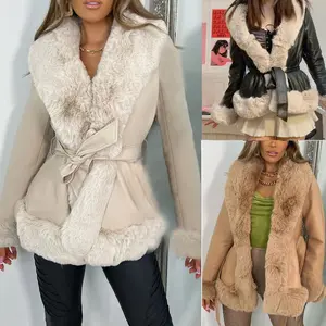 PU Leather Large Fur Collar Tie Waist Women's Leather Jacket Splicing Slim Long Sleeves Jacket Women Fashionable Outerwear