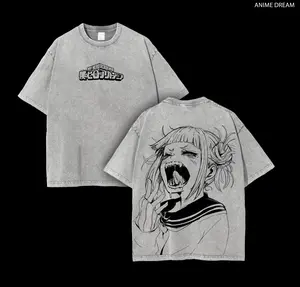 Toga Himiko x My Hero Academia Anime Double Printed Vintage Washed Tee Unisex Oversize Heavyweight Cotton T-shirt for Anime Fans and Lovers