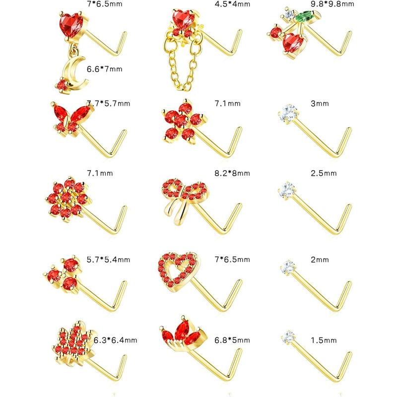 Nose Rings L Shaped for Women Nose Piercings 20G Surgical Stainless Steel  Nose Studs Pink Red CZ Heart Butterfly Flower Cherry Bow Moon Dangle Nose Piercing