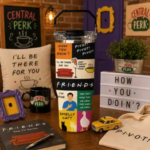 1 Pc 30oz Friends Inspired Insulated Mug, Insulated Drinkware, Central Perk, Smelly Cat Print, Double Wall Leak Proof Thermal Mug With Handle, Keeps Hot 12 Hours Cold 24 Hours, Large Capacity Hot Cold Drinks Gift For Women Men Holiday Office Travel Gym